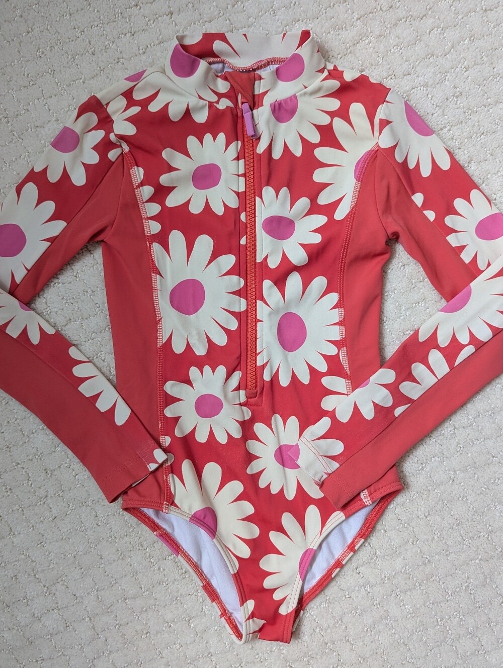 Mini Boden Kids Long Sleeve Rash Guard One-Piece Swimsuit - Coral Pink Daisy